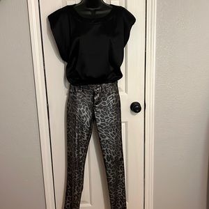 Silver and black leopard print pants and matching black pants